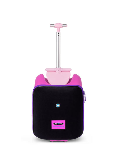 violet luggage eazy ride on suit case front on with extended handlebar