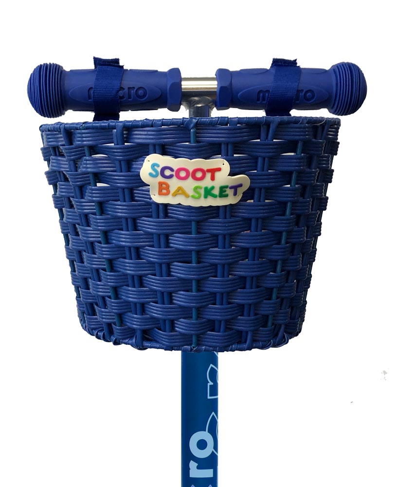 close up of blue scoot basket on a kids scooter