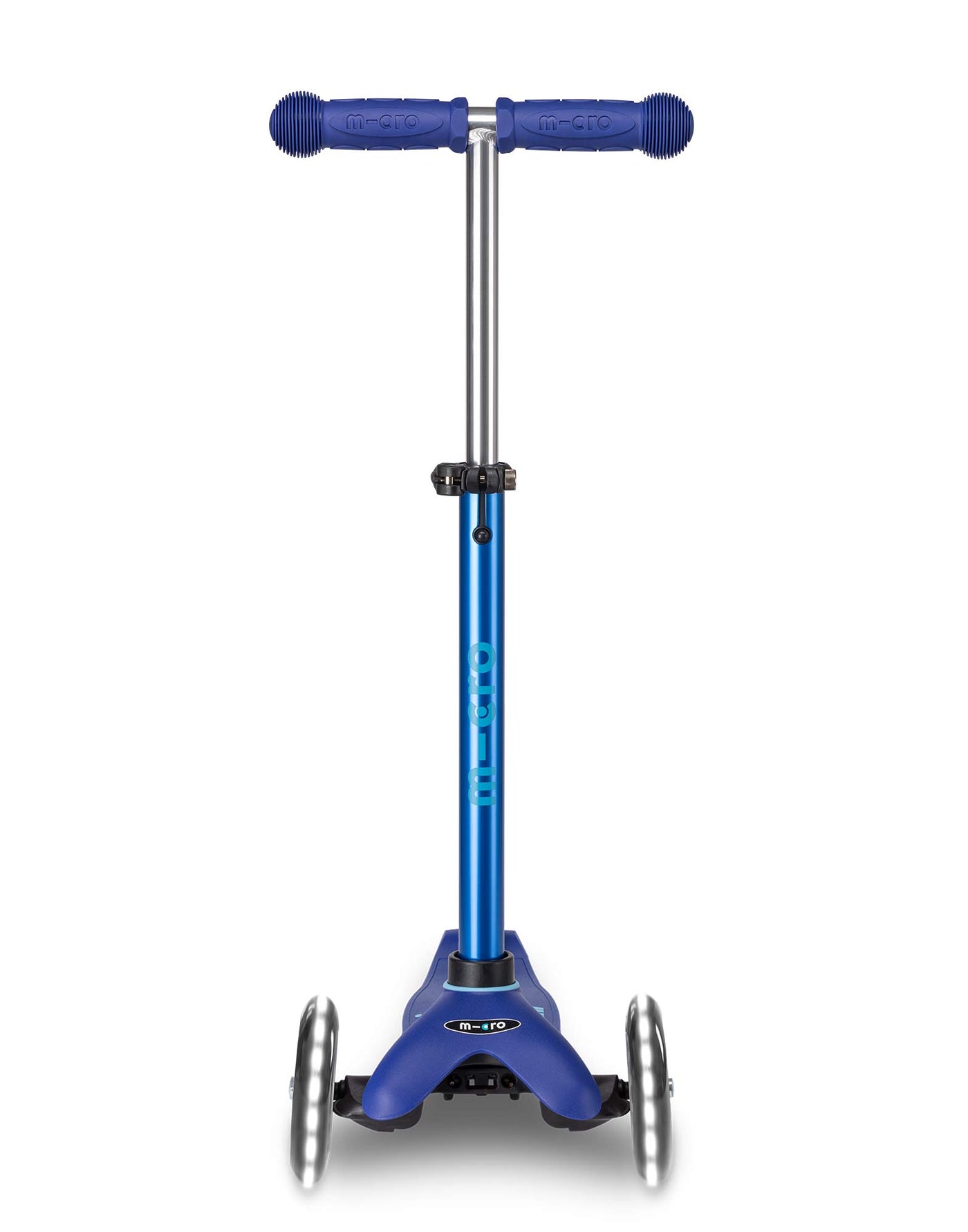 blue mini deluxe 3 wheel scooter with led wheels front