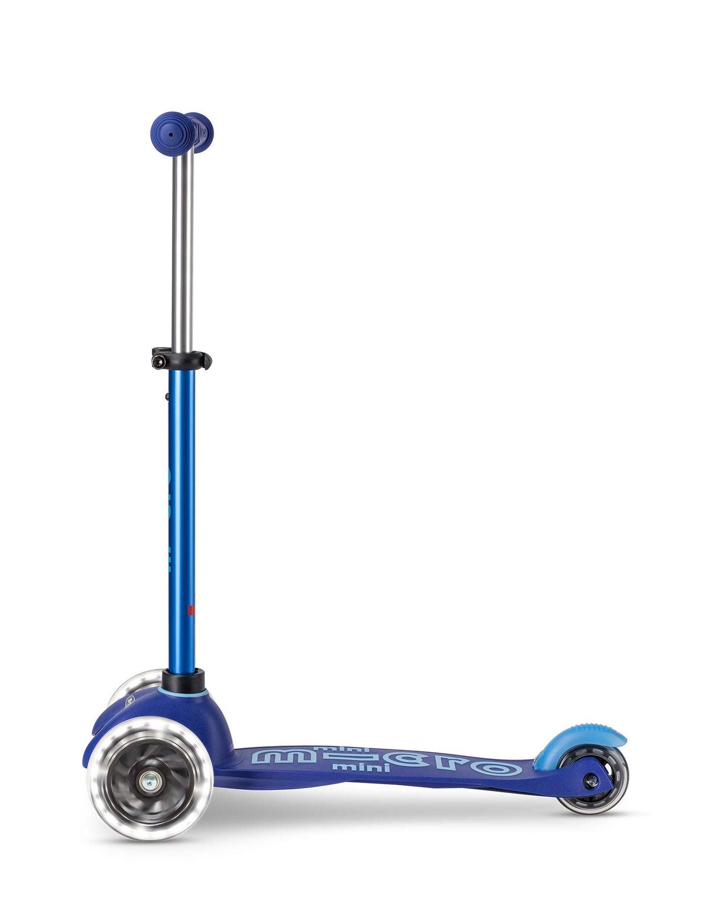blue mini deluxe 3 wheel scooter with led wheels side