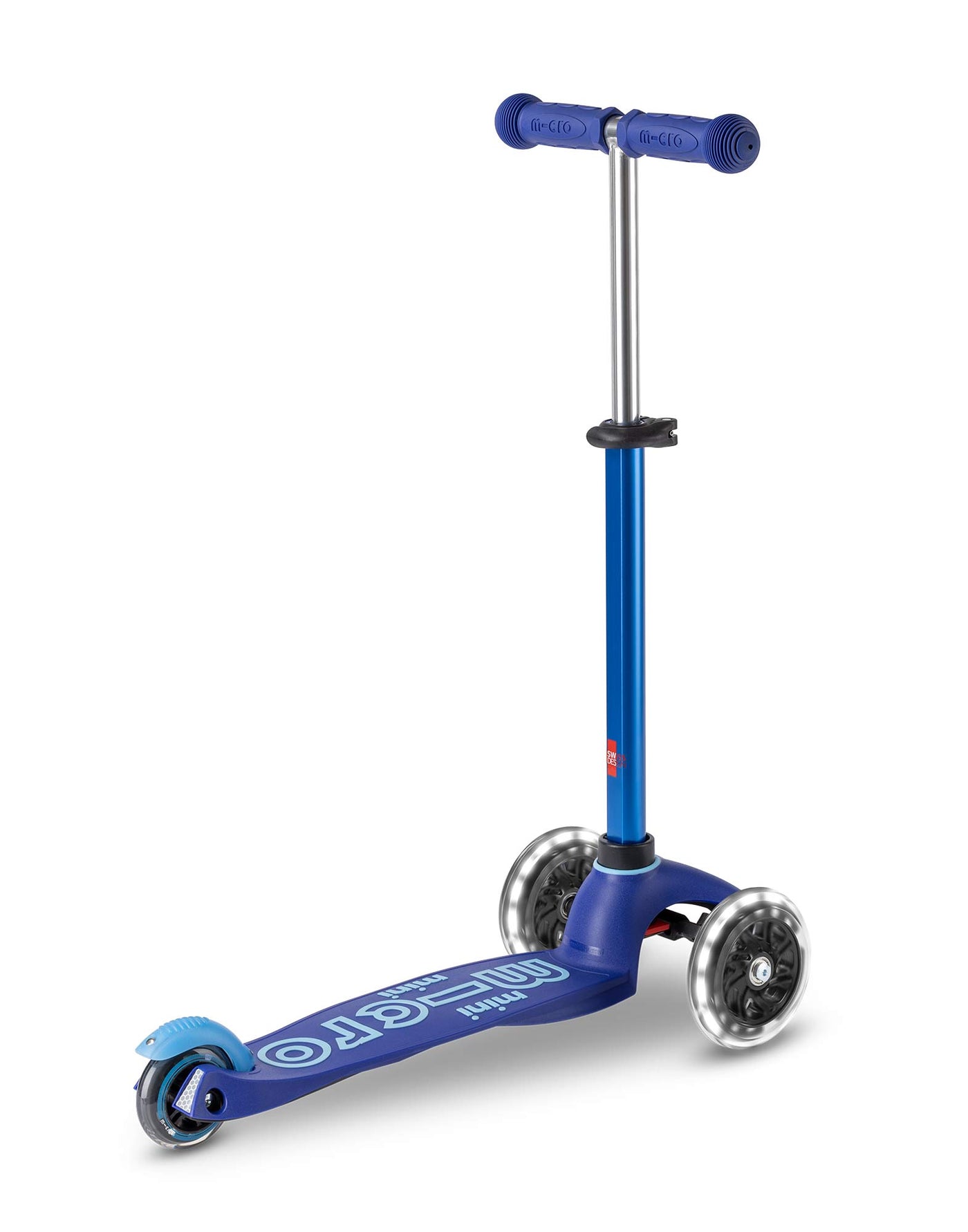 blue mini deluxe 3 wheel scooter with led wheels rear