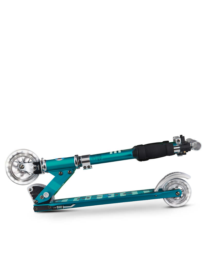 sea green sprite kids scooter with led wheels folded