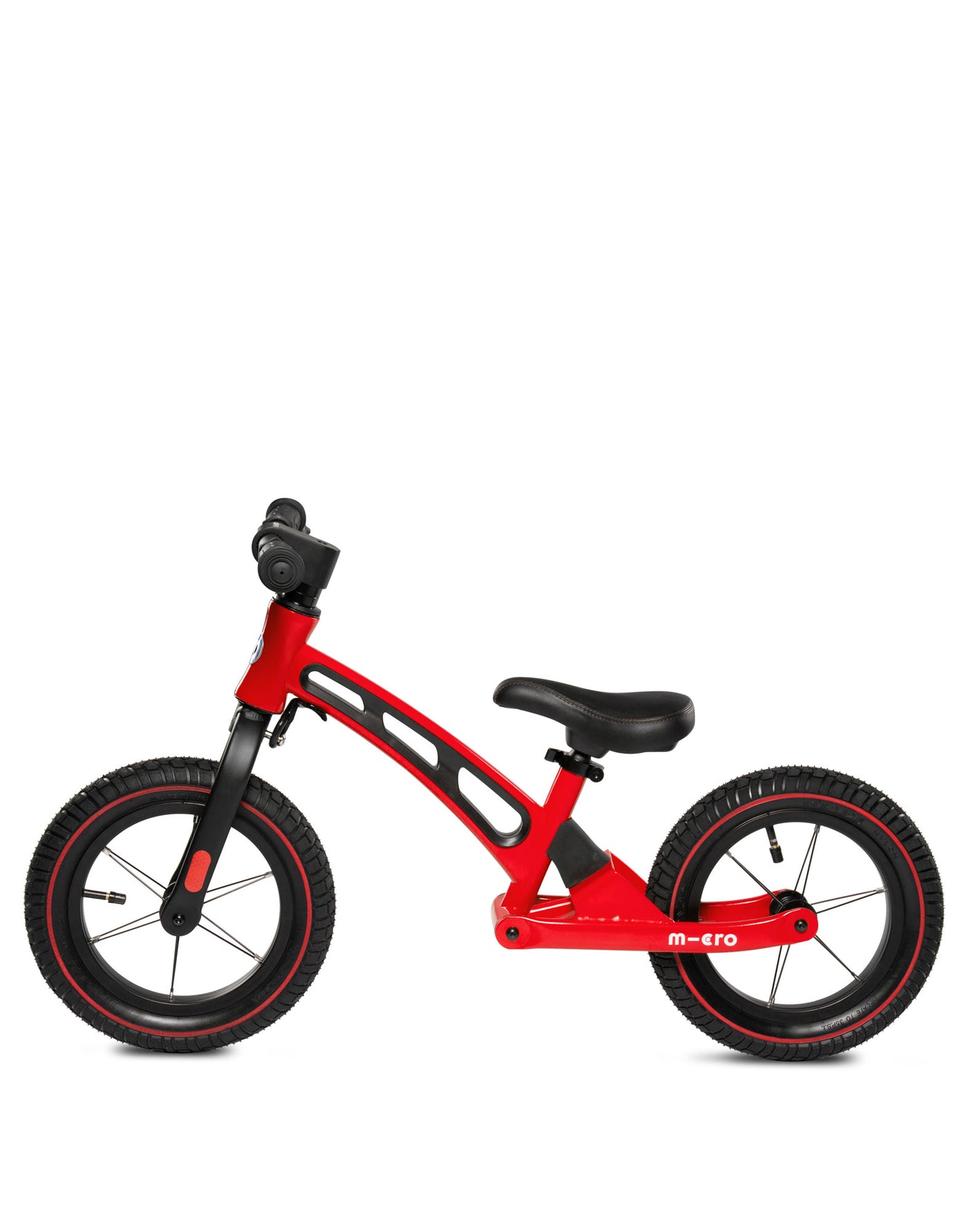 red toddler balance bike deluxe side on