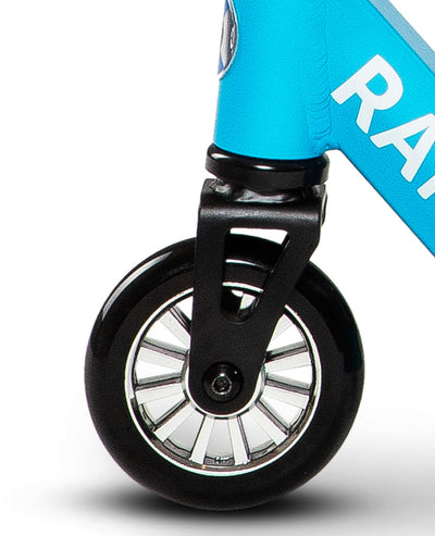 cyan stunt scooter with metal core wheels