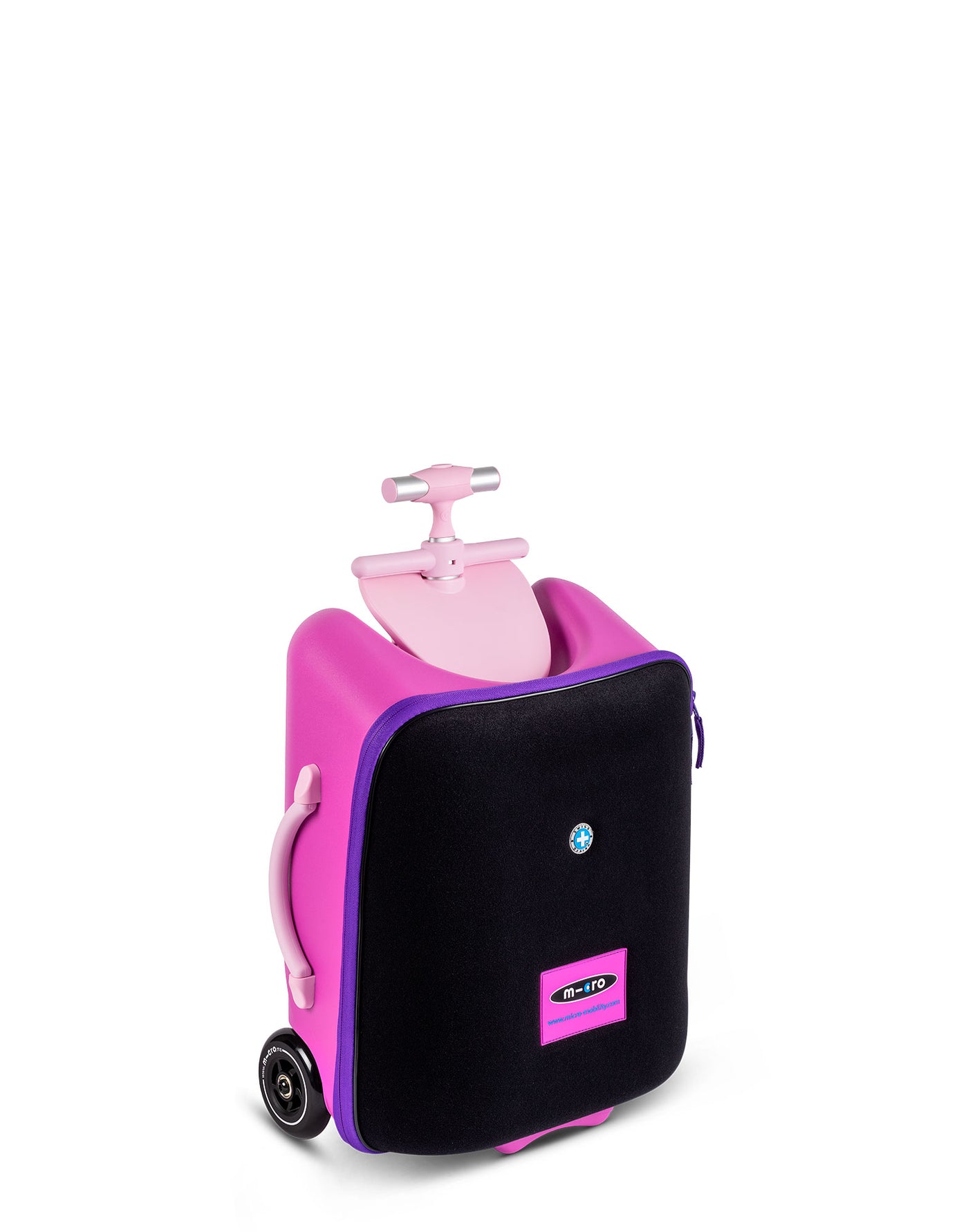 violet luggage eazy ride on suit case angle