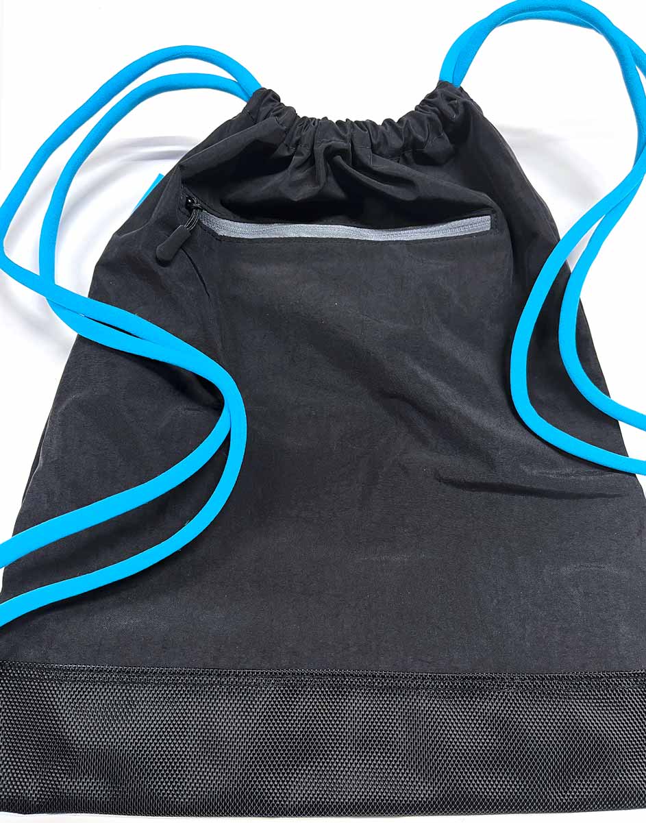 black and blue micro branded gym bag back side