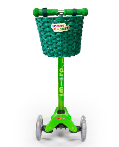 green scoot basket on a kids scooter