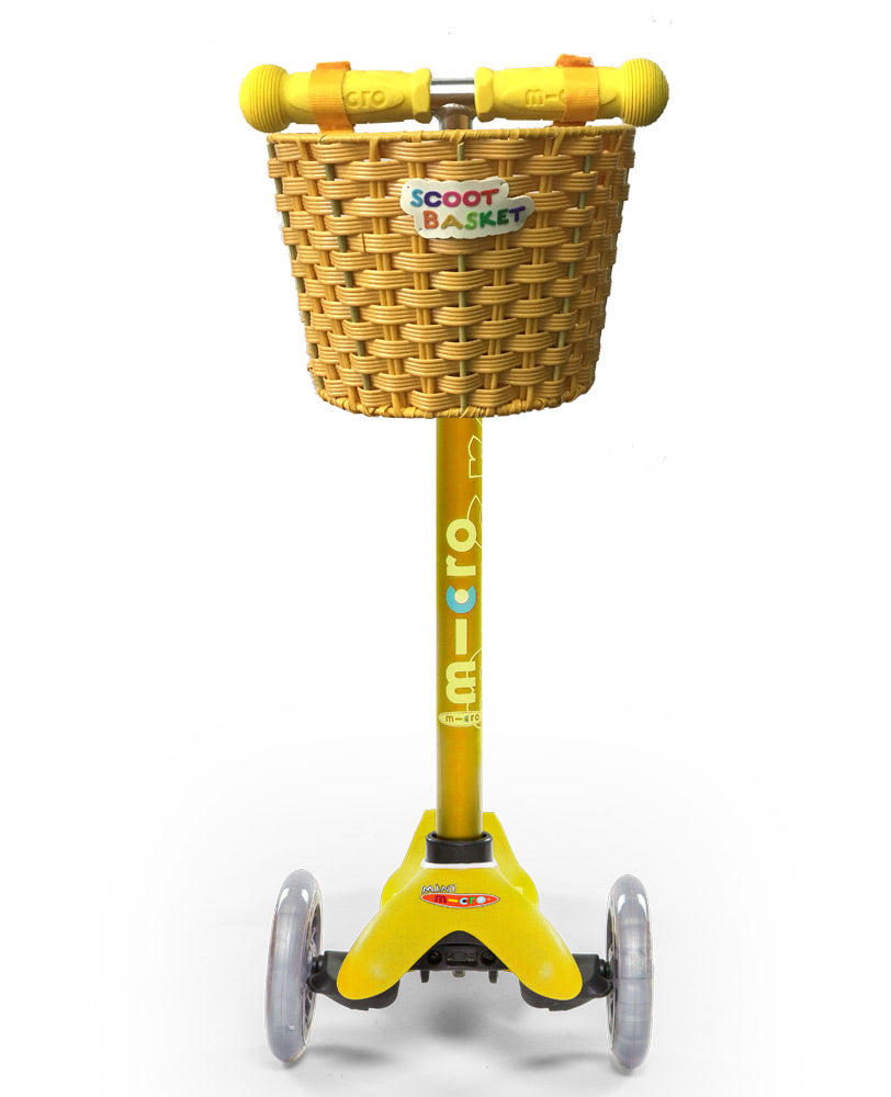 yellow scoot basket on a kids scooter