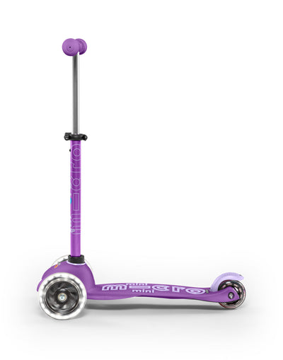 purple mini deluxe 3 wheel scooter with led wheels side on