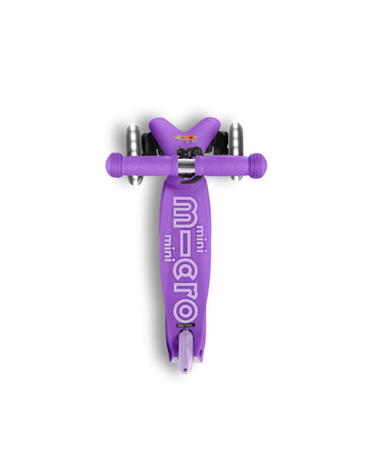purple mini deluxe 3 wheel scooter with led wheels deck view