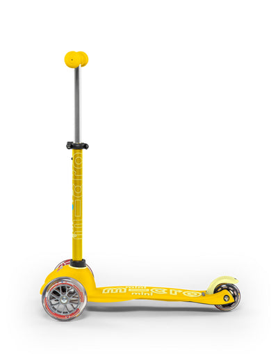 yellow mini deluxe 3 wheel scooter side on